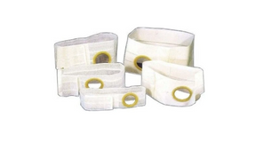 Assorted ostomy belts with stoma openings, white medical supplies on white background