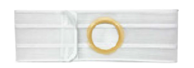White medical ostomy belt with elastic bands and a circular beige ring center