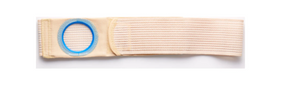 Elastic medical support belt with blue circular opening for ostomy or hernia care