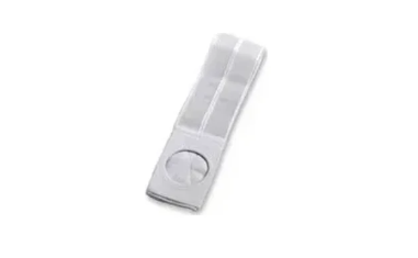 Clear adhesive medical clip with circular opening, used for organizing tubing or wires