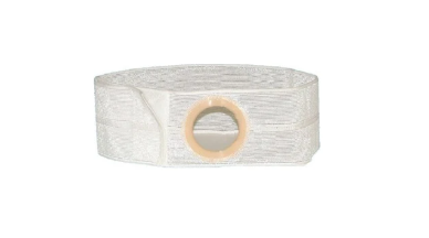 Adjustable white ostomy belt with round opening for secure medical appliance support