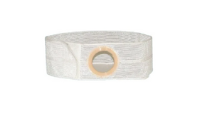 white ostomy support belt with circular opening for medical supplies