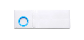 White medical waist band with blue circular opening for ostomy support
