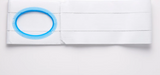 White ostomy support belt with blue plastic ring for medical use on white background