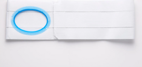 White ostomy support belt with blue plastic ring for medical use on white background