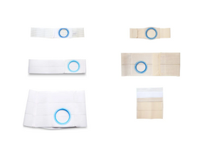 Assorted ostomy belts and hernia support belts with blue stoma openings on white background.
