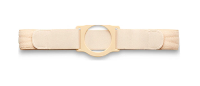 Beige medical ostomy belt with adjustable straps and central circular opening