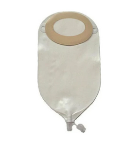 Transparent ostomy bag with adhesive skin barrier and drainable outlet, medical supply