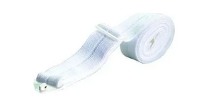 White elastic medical bandage with fastener on a plain background