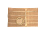 Beige ostomy support belt for medical stoma care, laid flat on a white background