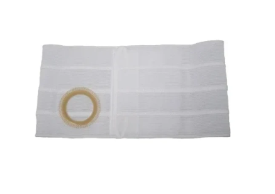 White medical ostomy pouch support belt with adhesive ring, isolated on white background