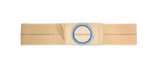 Beige ostomy support belt with blue-flanged circular opening for medical use