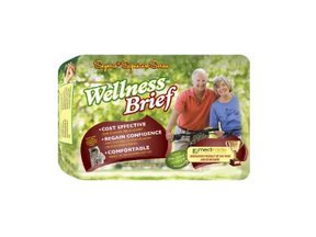 Adult wellness briefs package featuring a smiling senior couple in a green outdoor setting.