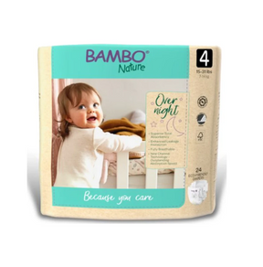 Baby smiling near crib on eco-friendly overnight diapers packaging, size 4 for sensitive skin
