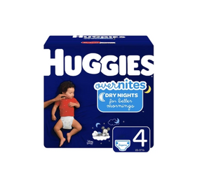 Huggies Overnites size 4 baby diapers pack with sleeping baby and nighttime theme