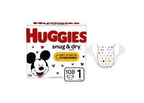 Huggies Snug & Dry size 1 diaper box with Mickey Mouse design, 108 count, and single diaper display.