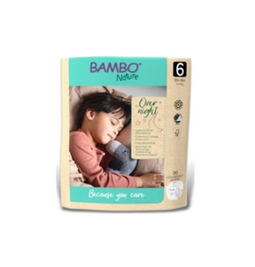 Bambo Nature size 6 overnight diapers package with child sleeping on pillow