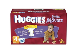 Huggies Little Movers Supreme size 4 diapers box with active baby crawling on red packaging