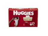 Huggies Little Snugglers diapers pack for newborns featuring a baby on a red background.