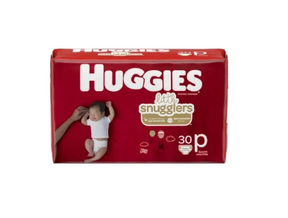 Huggies Little Snugglers diapers pack for newborns featuring a baby on a red background.