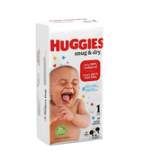 Huggies Snug & Dry size 1 baby diapers box with smiling baby image