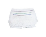 White disposable protective underwear for adults, stacked, featuring colored waistband stripes.
