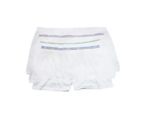 White disposable protective underwear for adults, stacked, featuring colored waistband stripes.