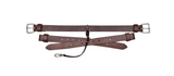 Brown adjustable leather medical support strap with buckles and metal clip, isolated on white