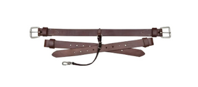 Brown adjustable leather medical support strap with buckles and metal clip, isolated on white