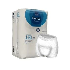 Adult incontinence pull-up pants, small-medium size, displayed with product packaging.