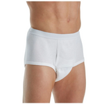 Male model wearing white incontinence briefs for chronic condition support