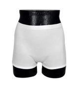 White unisex adult incontinence underwear displayed on a black mannequin torso