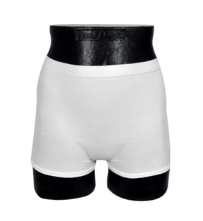 White unisex adult incontinence underwear displayed on a black mannequin torso