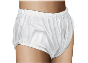 Adult wearing white incontinence underwear with elastic waistband for medical support
