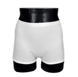 White unisex adult incontinence underwear displayed on a black mannequin torso