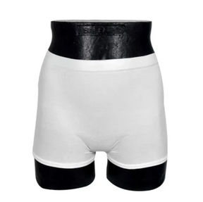 White unisex adult incontinence underwear displayed on a black mannequin torso