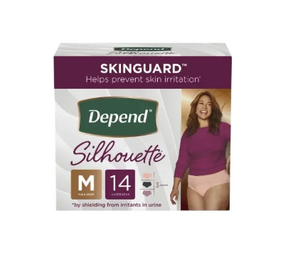 Depend Silhouette underwear for women, medium, 14 count, packaging with smiling woman
