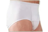 Adult wearing white incontinence underwear, close-up view, medical supplies