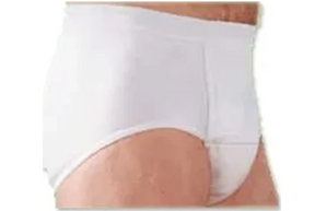 Adult wearing white incontinence underwear, close-up view, medical supplies