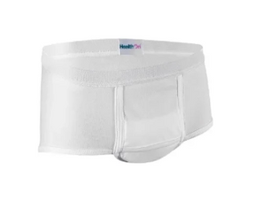 White reusable incontinence underwear for adults, front pouch design, health aid product