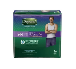 Depend Night Defense underwear for men, size S-M, 16 count package, front view