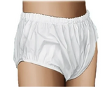 White adult incontinence briefs with elastic waistband shown on mannequin