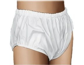 White adult incontinence briefs with elastic waistband shown on mannequin