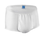 White men's incontinence brief with front panel, elastic waistband, and blue tag on waistband
