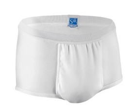 White men's incontinence brief with front panel, elastic waistband, and blue tag on waistband