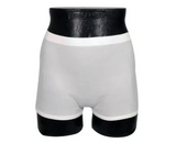 White incontinence underwear for adults displayed on a black mannequin torso