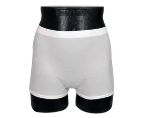 White incontinence underwear for adults displayed on a black mannequin torso