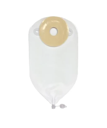 Clear medical ostomy bag with adhesive barrier and drainable spout on white background
