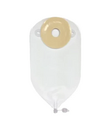 Clear medical ostomy bag with adhesive barrier and drainable spout on white background