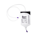 Enteral feeding bag with tubing and measurement markings for medical nutrition delivery